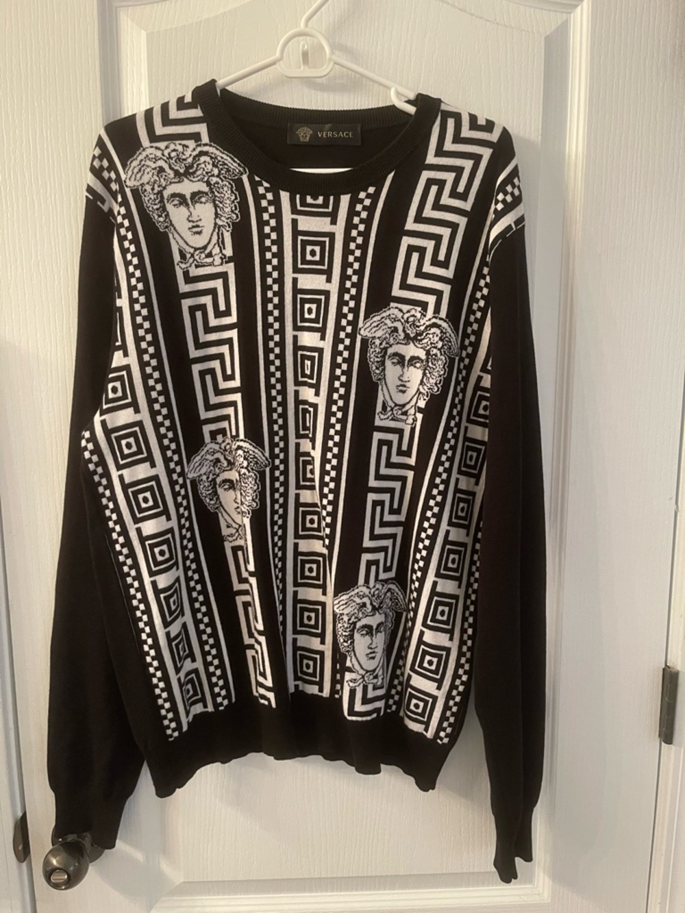 Versace Black and White Medusa Motif Crewneck Sweater